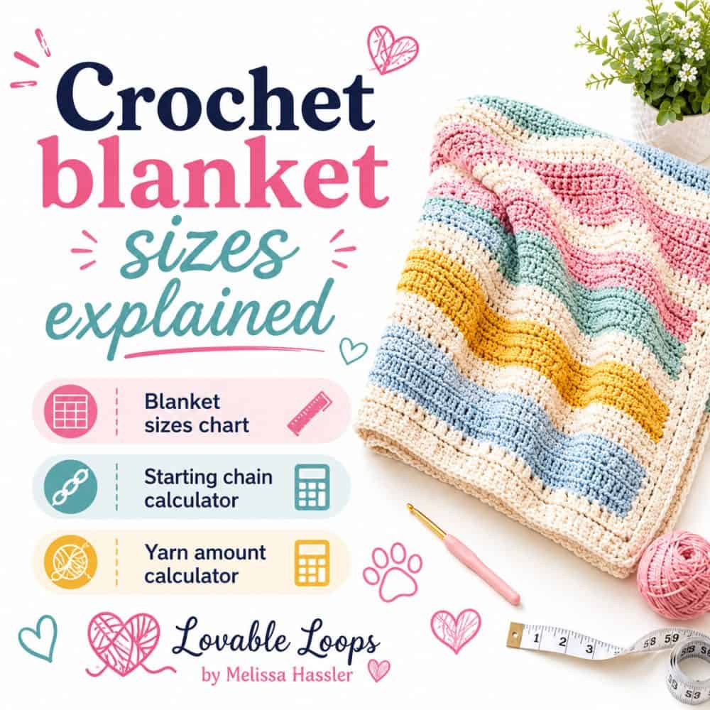 Square graphic for a crochet blanket sizes explained guide with a colorful crochet blanket, yarn, hook, measuring tape, and callouts for blanket sizes chart, starting chain calculator, and yarn amount calculator.