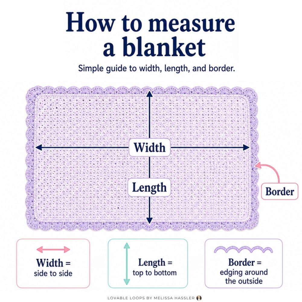 How to measure a crochet blanket diagram showing width, length, and border on a rectangular blanket.