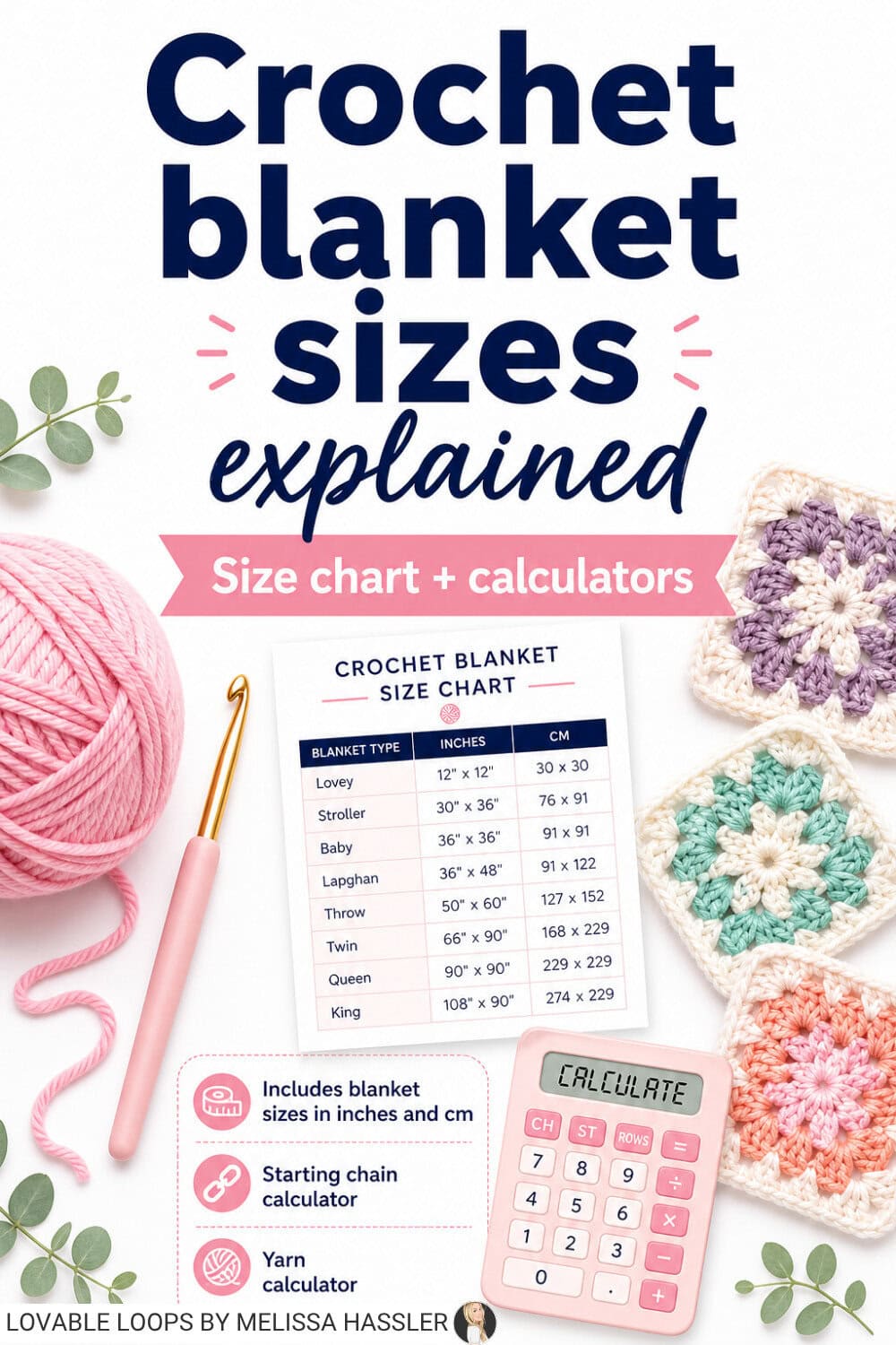 Pinterest pin for crochet blanket sizes explained with yarn, crochet hook, granny squares, size chart, and calculator.