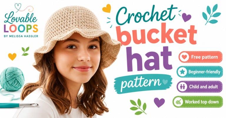 free crochet bucket hat pattern, showing a girl wearing a cream bucket hat with beginner-friendly notes and yarn supplies.