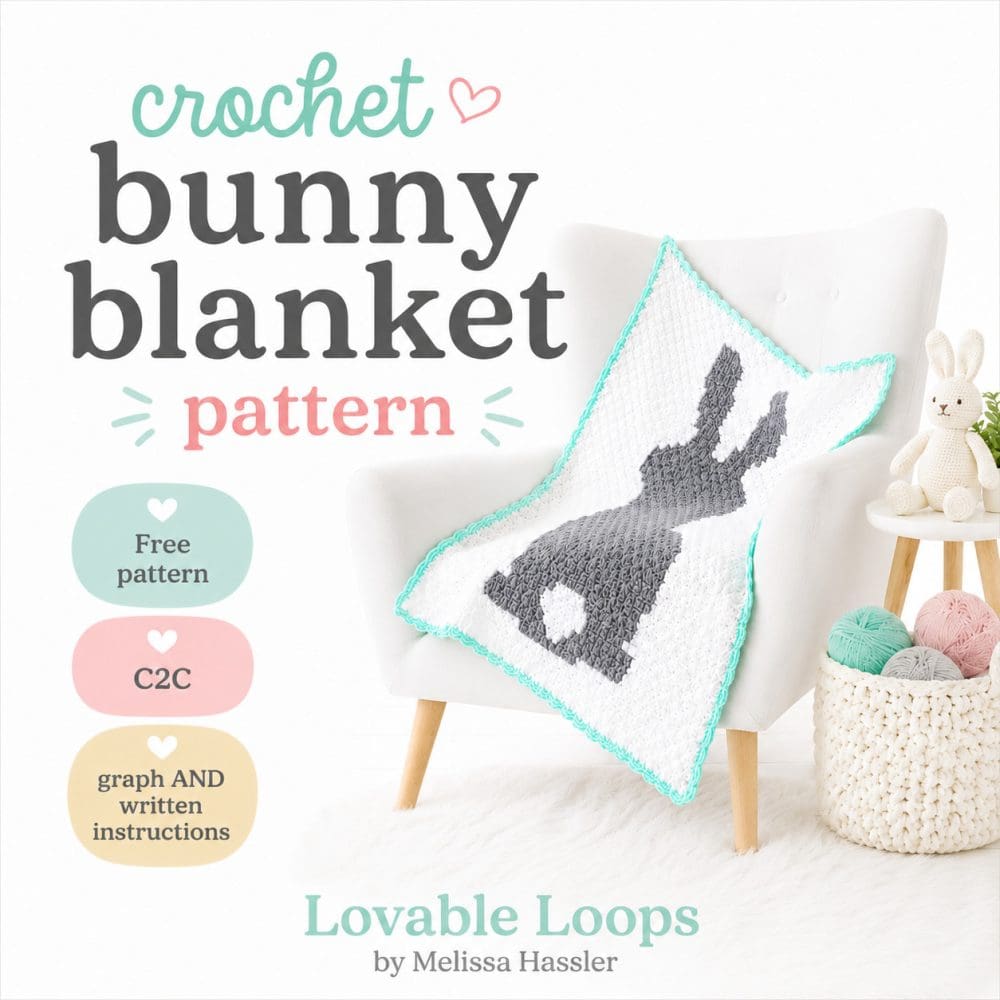 Square graphic for a crochet bunny blanket pattern showing a white bunny blanket on a chair in a soft nursery-style setting, with callouts for free pattern, C2C, and graph and written instructions.