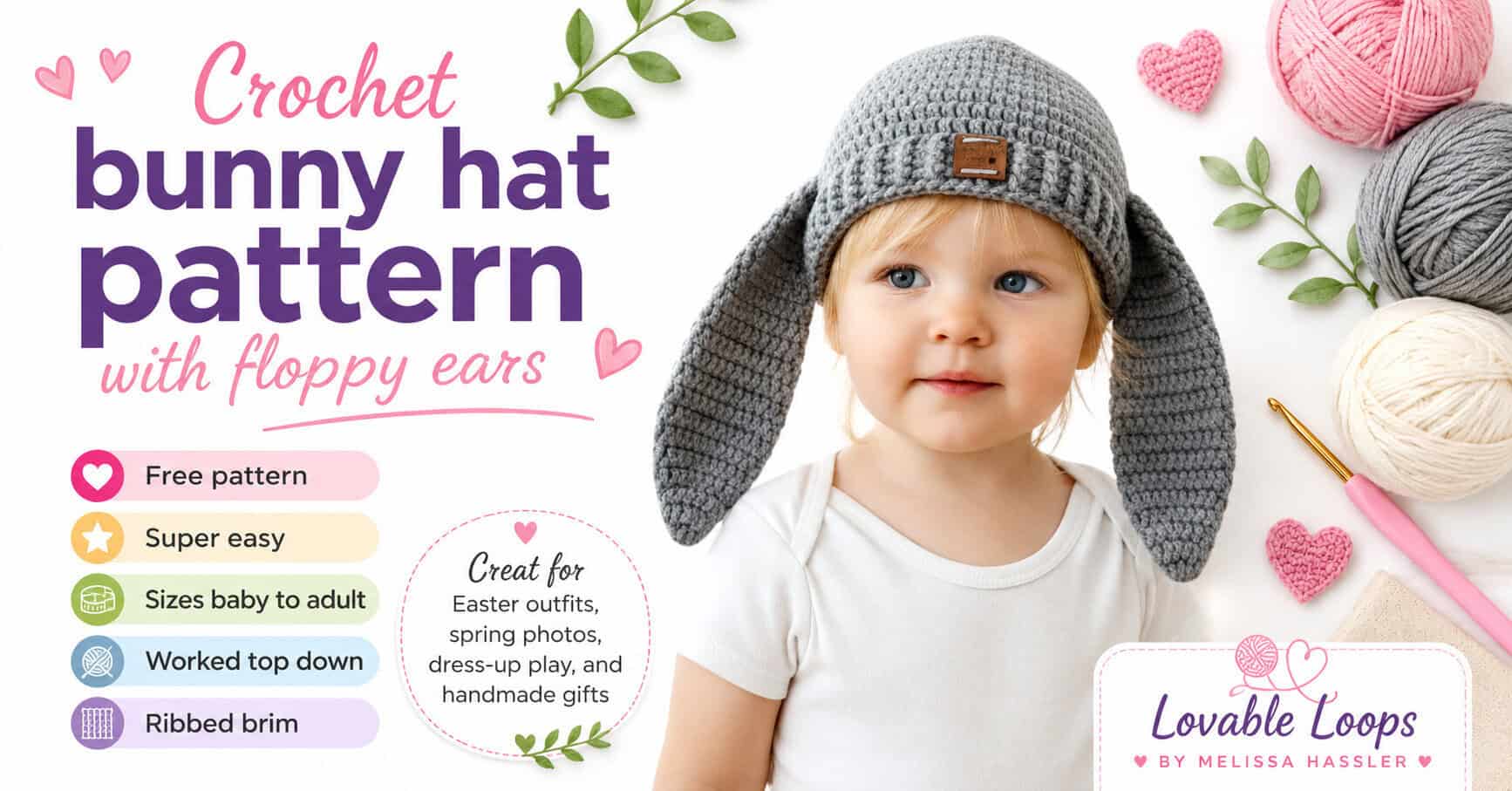 crochet bunny hat pattern with floppy ears, showing a child wearing a gray bunny hat with yarn and crochet tools.