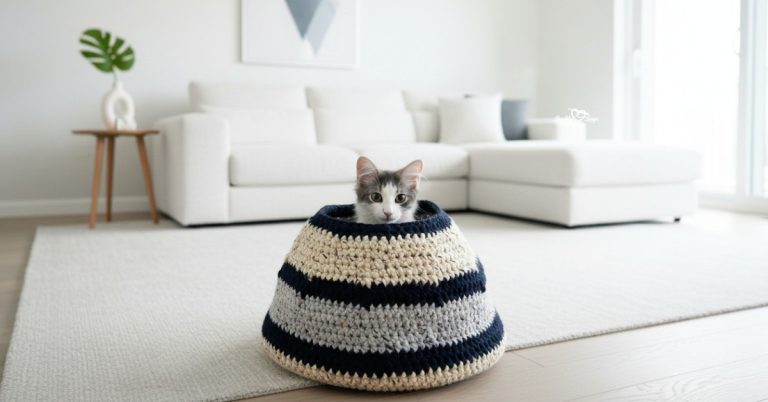 Gray and white cat sitting inside a striped crochet cat basket made with cream, gray, and navy yarn in a bright living room.