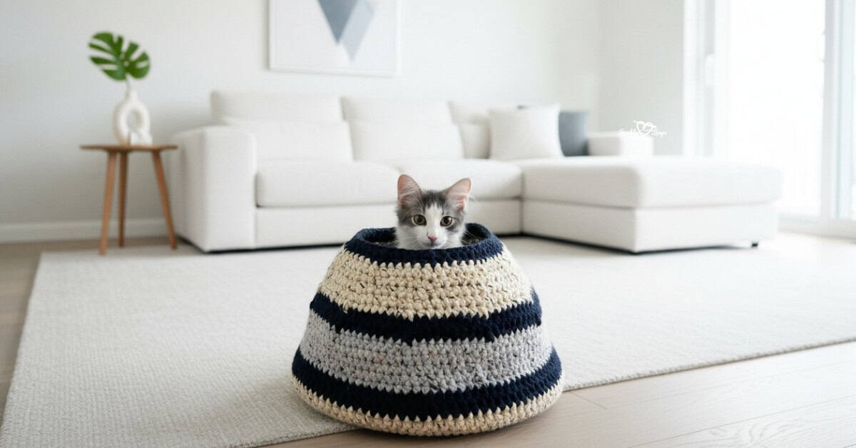 Gray and white cat sitting inside a striped crochet cat basket made with cream, gray, and navy yarn in a bright living room.