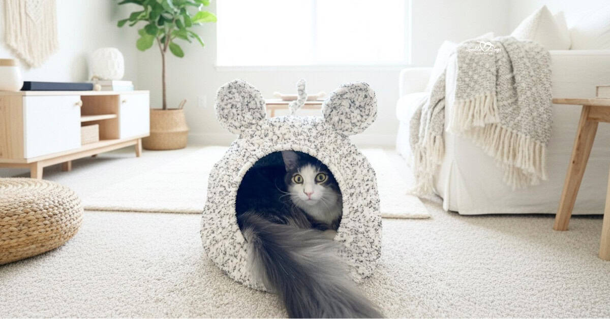 Easy crochet cat pod pattern with a cream speckled mouse-shaped cat cave and black and white cat resting inside.