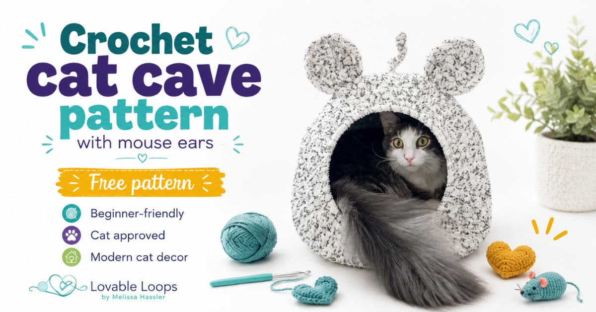 Cream speckled mouse ears crochet cat pod with a black and white cat peeking out in a cozy modern living room.