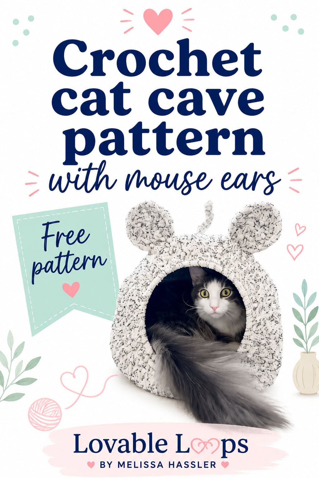 Cream speckled mouse ears crochet cat pod with a black and white cat peeking out in a cozy modern living room.