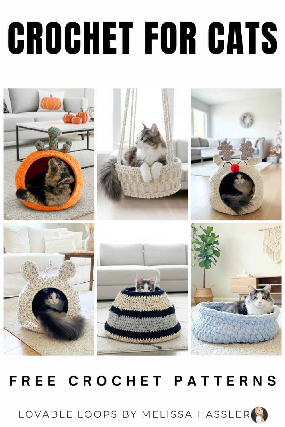 Six crochet patterns for cats arranged in a collage, with cats using cozy beds, pods, baskets, and a hanging bed.