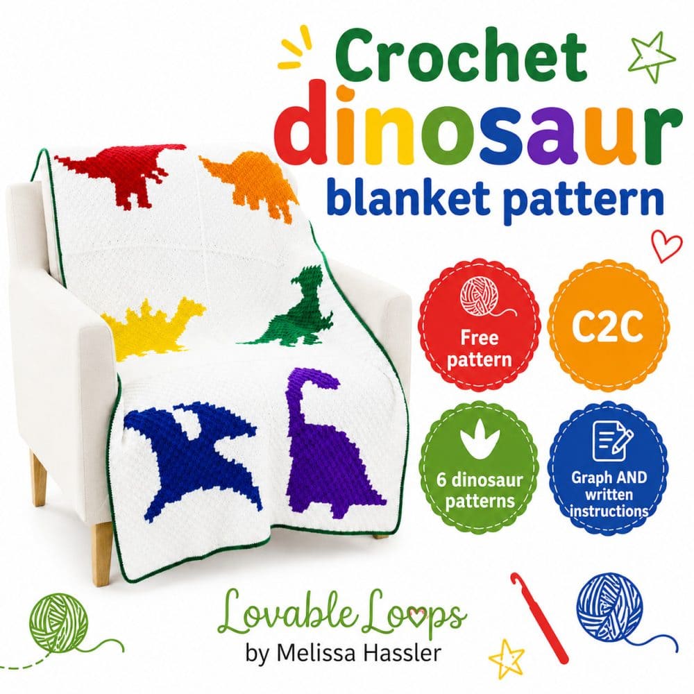 Square graphic for a crochet dinosaur blanket pattern featuring a white C2C blanket with colorful dinosaur designs in red, orange, yellow, green, blue, and purple. The clean white layout includes callouts for free pattern, C2C, 6 dinosaur patterns, graph and written instructions, and Lovable Loops by Melissa Hassler branding.