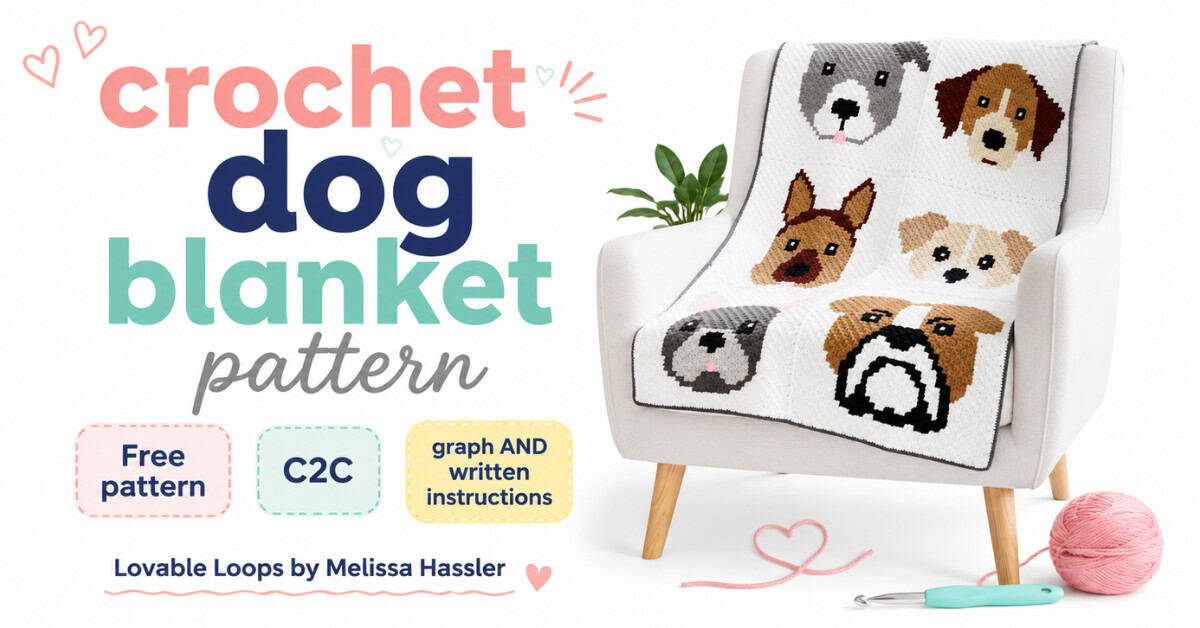 Featured image for a crochet dog blanket pattern featuring a white blanket with six dog designs, styled on a chair with yarn, a crochet hook, and Lovable Loops branding.