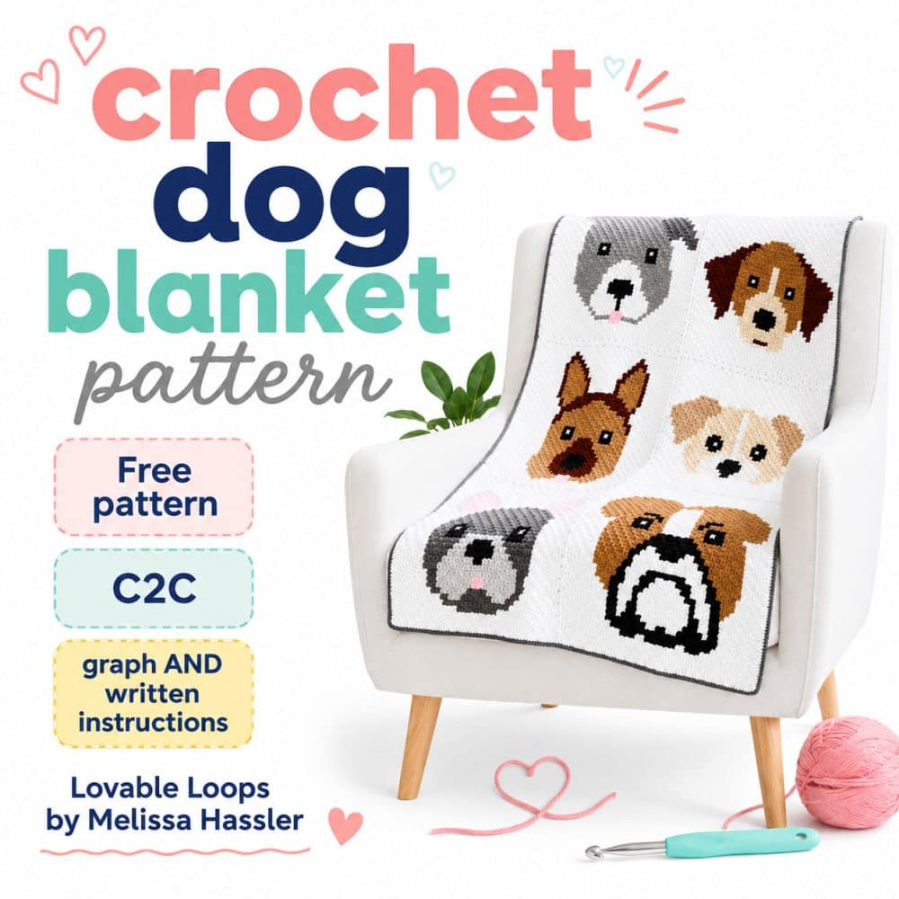 Square graphic for a crochet dog blanket pattern showing a white C2C dog blanket draped over a chair, with pastel callouts for free pattern, C2C, and graph and written instructions.