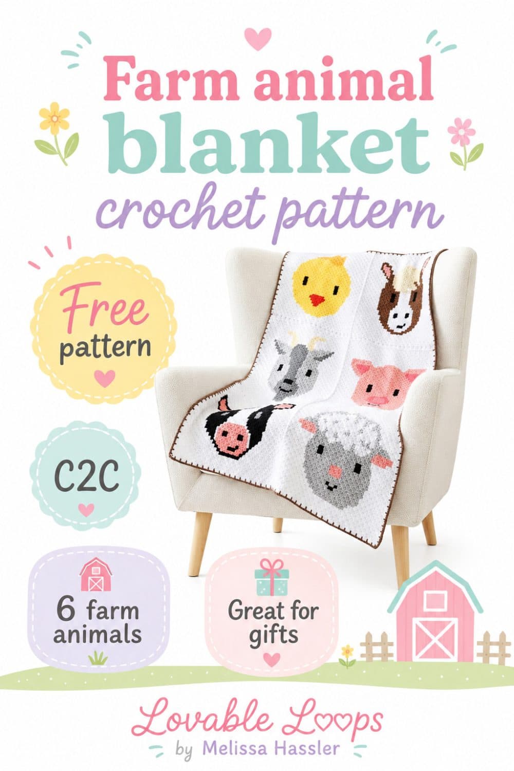 Pinterest pin for a farm animal baby blanket crochet pattern featuring a C2C blanket with six cute farm animals draped over a chair, with callouts for free pattern, C2C, 6 farm animals, and great for gifts.