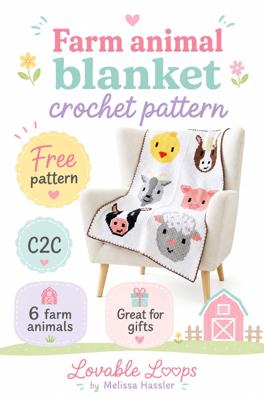 Pinterest pin for a farm animal baby blanket crochet pattern featuring a C2C blanket with six cute farm animals draped over a chair, with callouts for free pattern, C2C, 6 farm animals, and great for gifts.