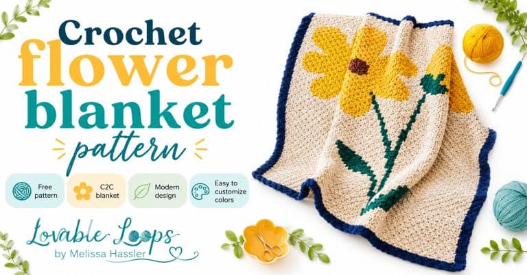free crochet flower blanket pattern, showing a C2C flower blanket draped over a cream chair with yellow flowers and a navy border.