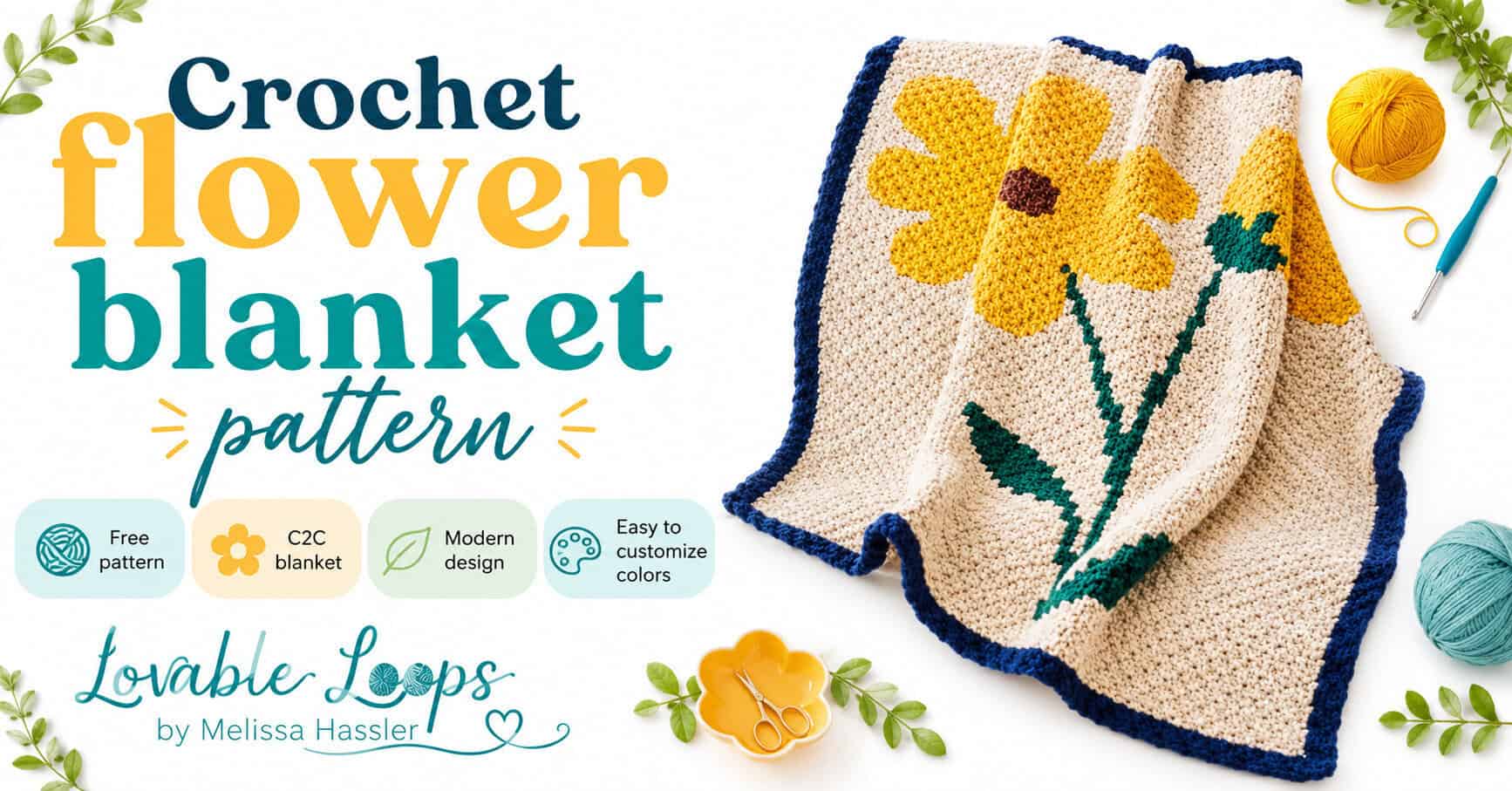 free crochet flower blanket pattern, showing a C2C flower blanket draped over a cream chair with yellow flowers and a navy border.