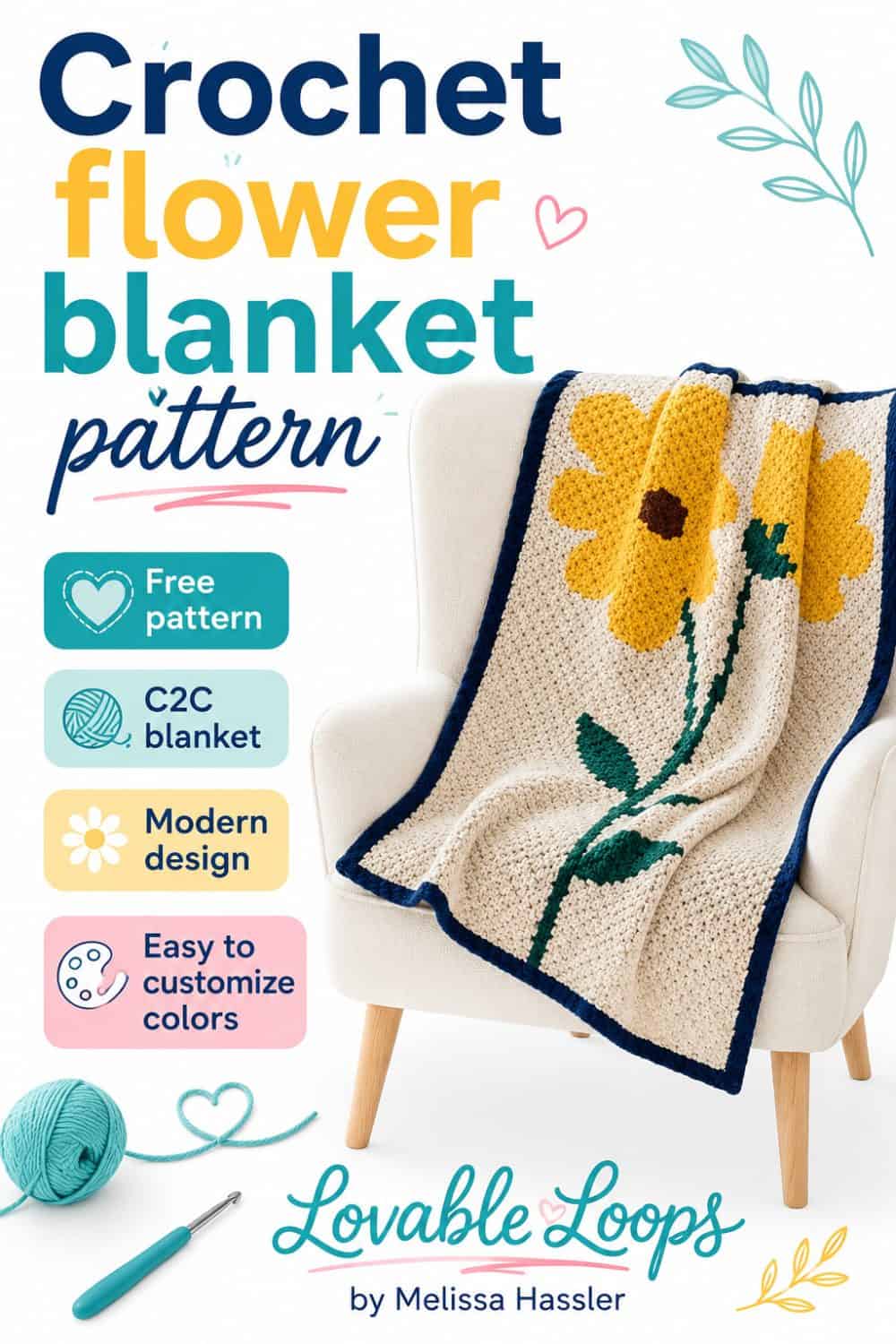 Pinterest pin for a crochet flower blanket pattern, showing a modern C2C floral blanket with yellow flowers, green stems, and a dark blue border.