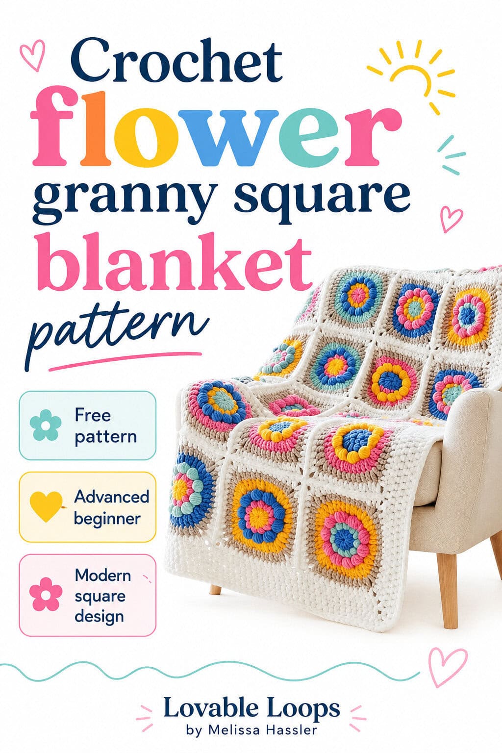 Pinterest pin for a crochet flower granny square blanket pattern featuring a colorful floral granny square blanket draped over a chair, with callouts for free pattern, advanced beginner, and modern square design.