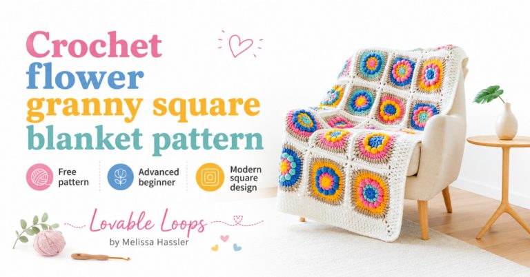 Featured image for a crochet flower granny square blanket pattern featuring a white granny square blanket with colorful flower squares styled on a chair, plus callouts for free pattern, advanced beginner, and modern square design.