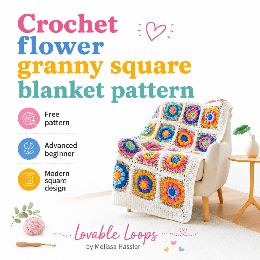 Square graphic for a crochet flower granny square blanket pattern showing a bright flower granny square blanket on a cozy chair, with yarn, a crochet hook, and callouts for free pattern, advanced beginner, and modern square design.