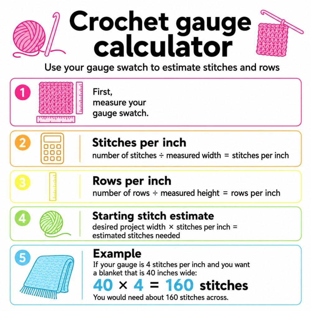 Infographic showing crochet gauge calculator formulas for stitches per inch, rows per inch, and estimating the number of stitches needed for a project width.
