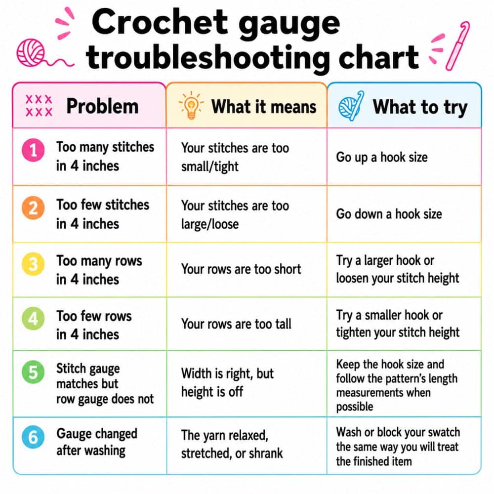 Crochet gauge troubleshooting chart showing common gauge problems, what they mean, and what to try, including changing hook size or washing the swatch.