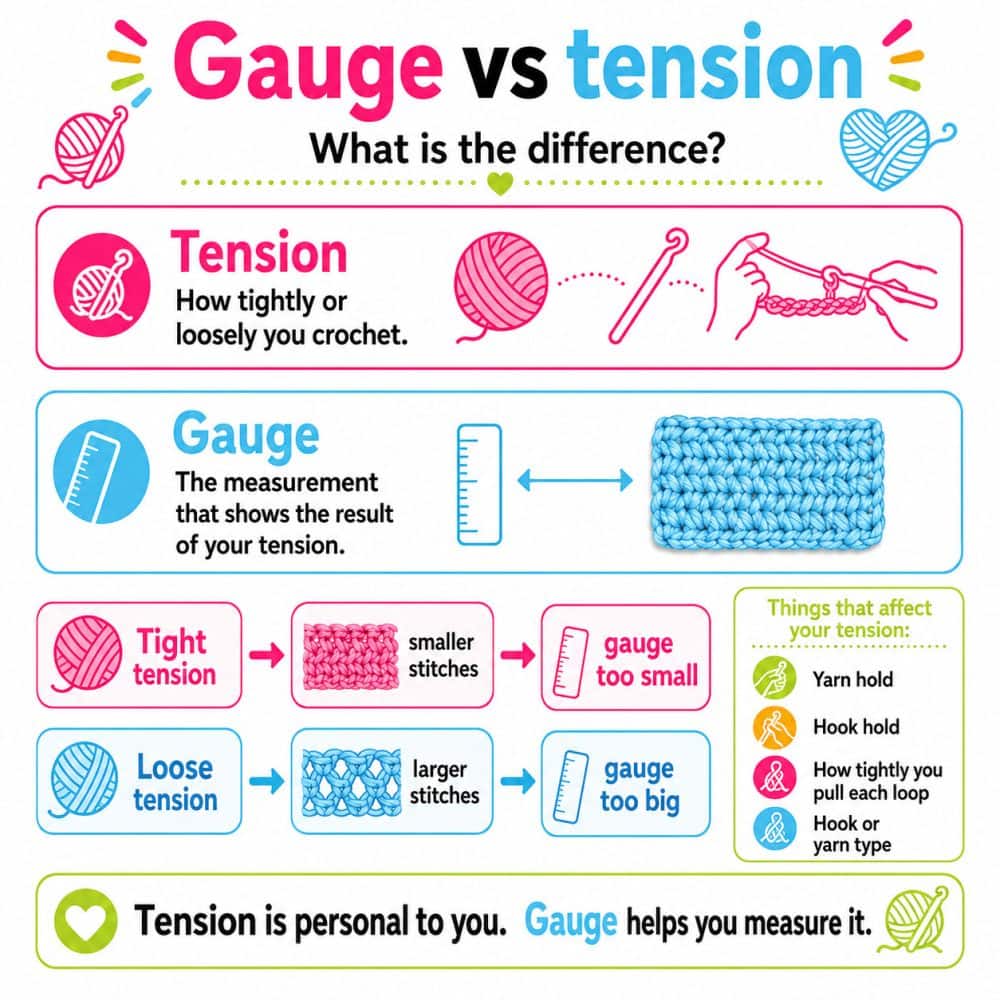 Infographic comparing crochet gauge and crochet tension, explaining that tension is how tightly or loosely you crochet and gauge is the measurement of the finished stitches.
