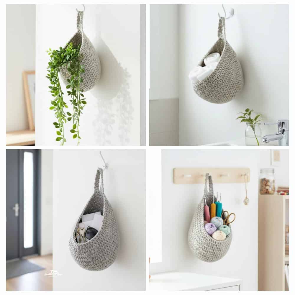 Crochet hanging basket pattern shown in four ways, holding a faux plant, rolled washcloths, entryway items, and crochet supplies.
