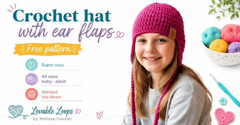 free crochet hat with ear flaps pattern, showing a child wearing a bright pink earflap hat with yarn and crochet tools.