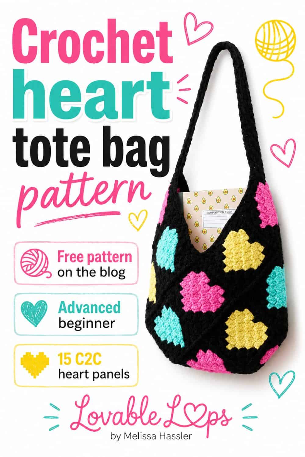 Free crochet heart tote bag pattern featuring neon heart motifs on a black C2C crochet bag.