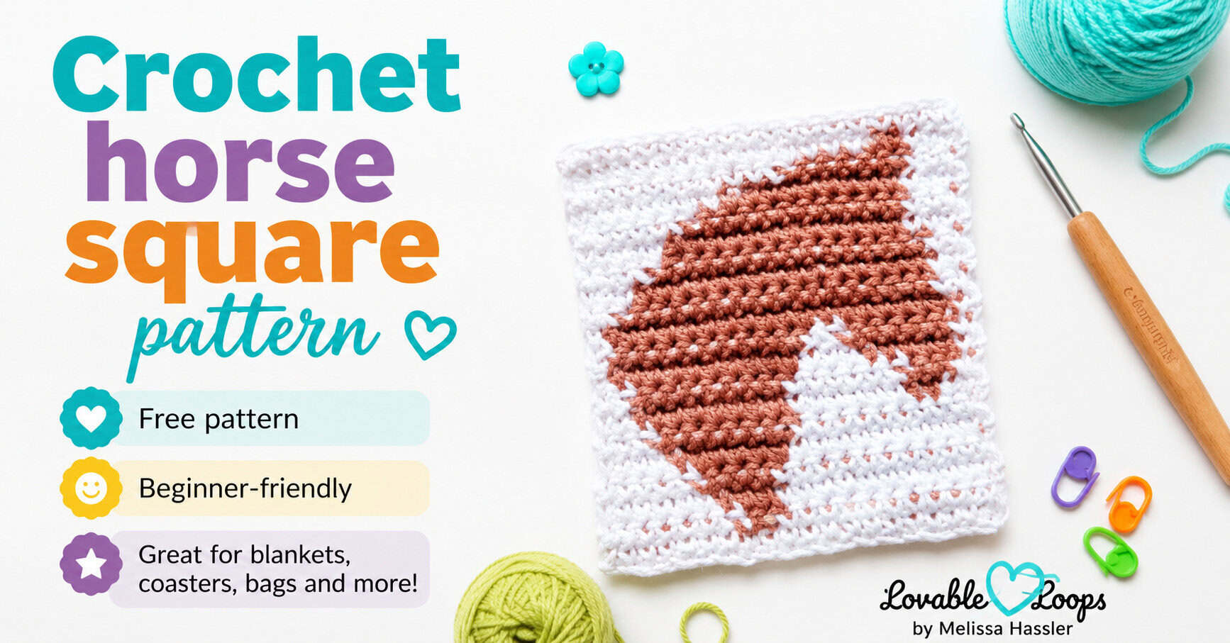 free crochet horse square pattern, showing a white crochet square with a brown horse design, yarn, hook, and stitch markers