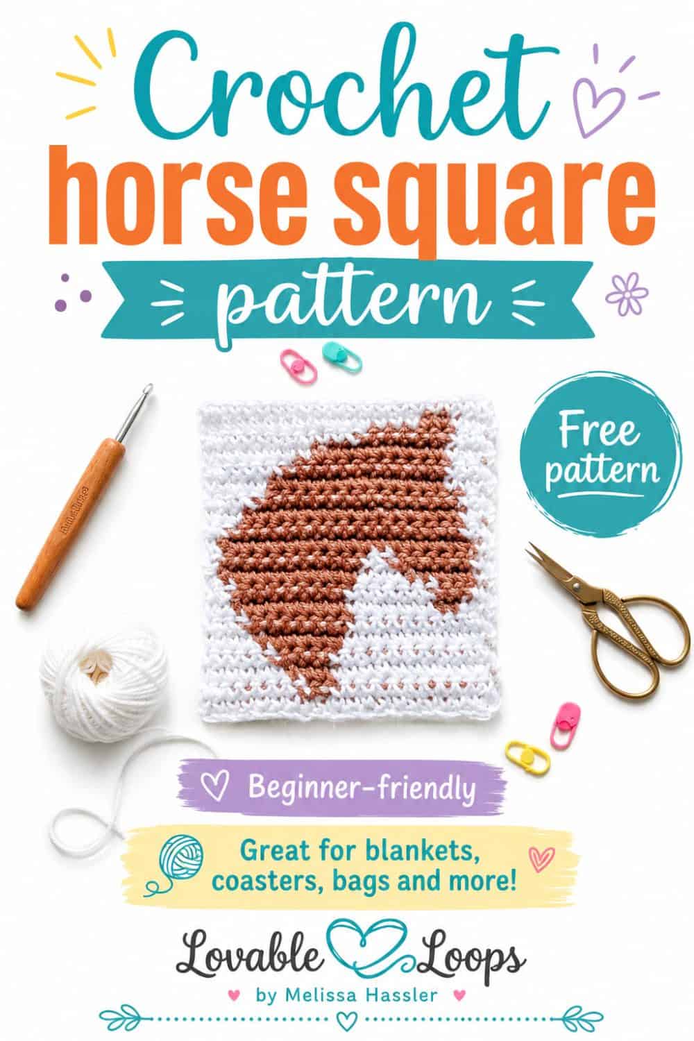 Pinterest pin for a free crochet horse square pattern, showing a handmade horse motif square with beginner-friendly notes for blankets, coasters, bags, and more.