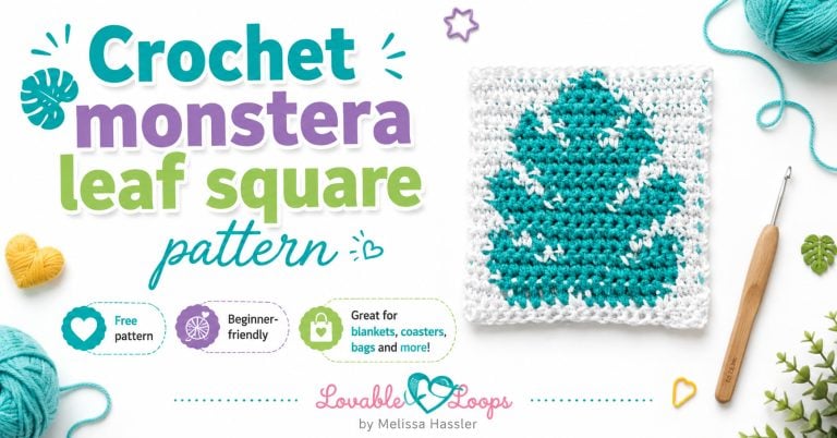 Featured image for a crochet monstera leaf square pattern with a teal monstera leaf design on a white crochet square, plus yarn, crochet hook, bright accents, and callouts for free pattern, beginner-friendly, and great for blankets, coasters, bags, and more.