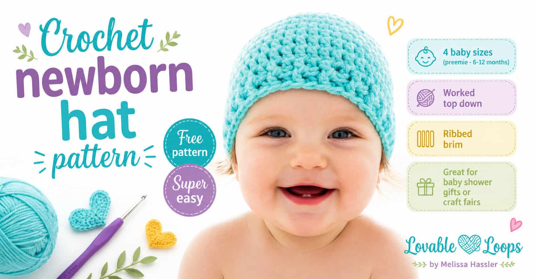free crochet newborn hat pattern, showing a baby wearing a turquoise handmade hat with notes for 4 baby sizes, preemie to 12 months.