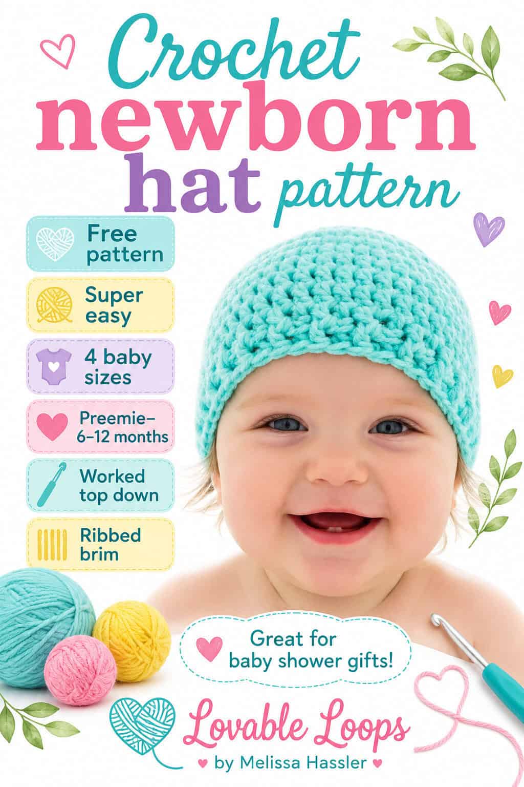 Pinterest graphic for a free crochet newborn hat pattern, showing a smiling baby wearing a turquoise crochet hat with beginner-friendly pattern notes.