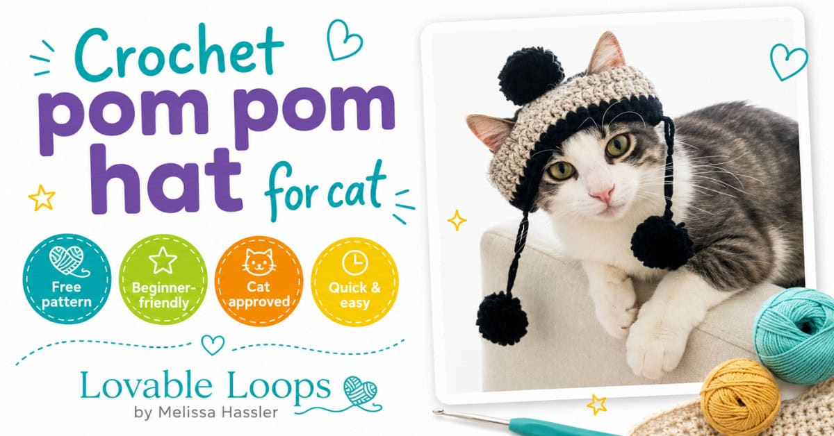 Gray and white cat wearing a black and cream crochet pom pom hat with hanging pom poms in a bright living room.