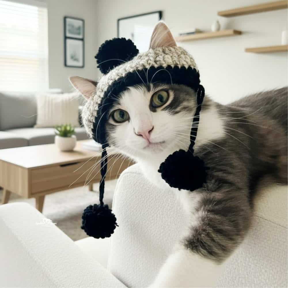 Close-up of a gray and white cat wearing a black and cream crochet pom pom hat with hanging pom poms in a bright living room.