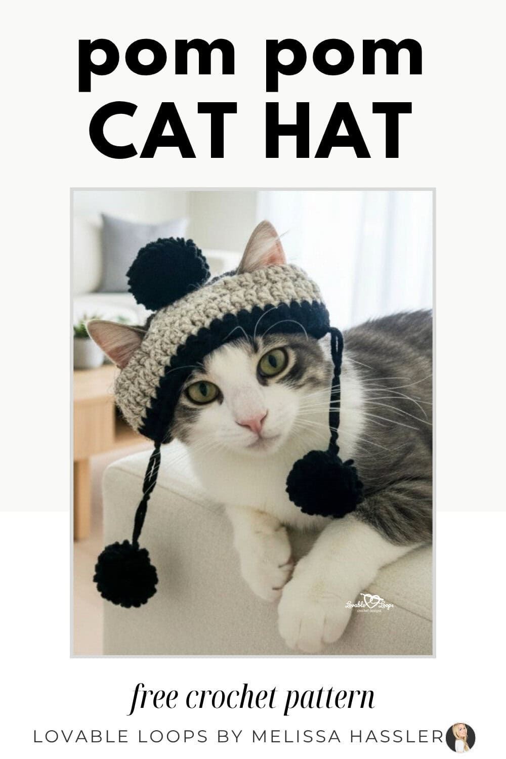 Pinterest pin for a free pom pom cat hat crochet pattern, showing a gray and white cat wearing a black and cream crochet hat with hanging pom poms.