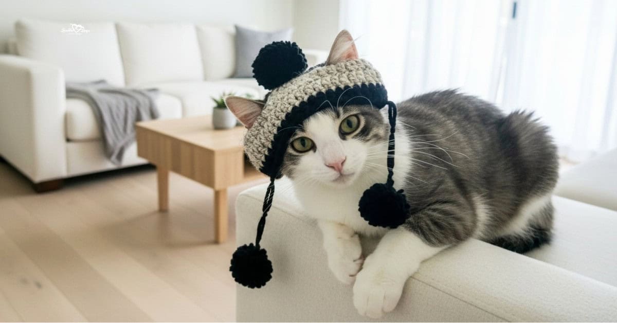 Gray and white cat wearing a black and cream crochet pom pom hat with hanging pom poms in a bright living room.