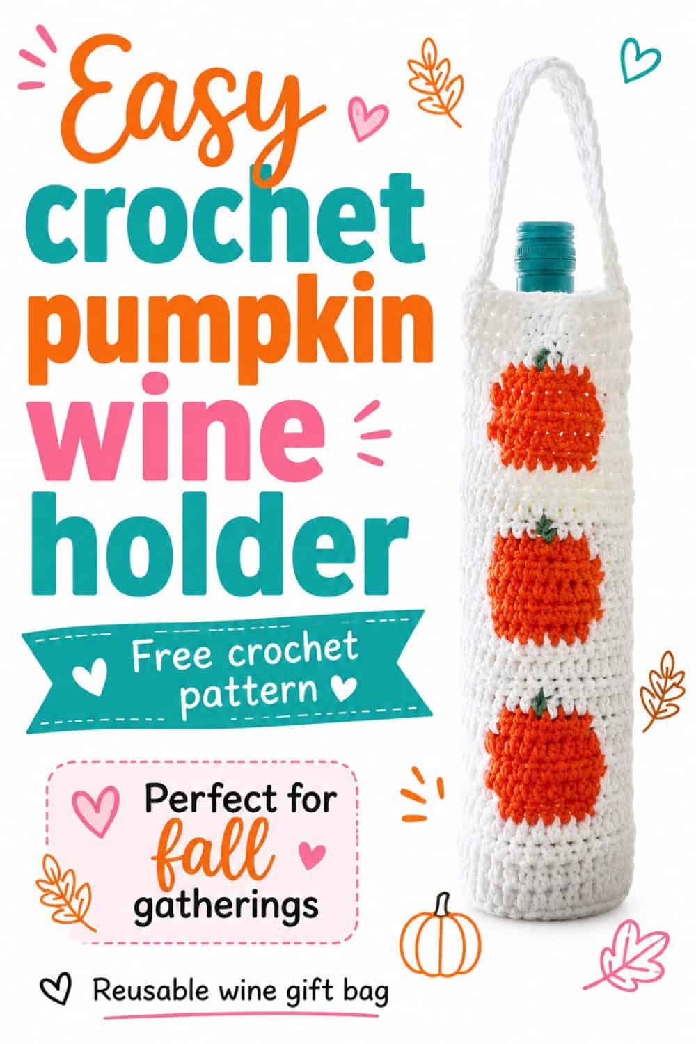 Pumpkin crochet wine bottle holder with orange pumpkins and green stems on a white background.