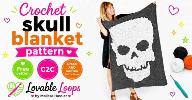 Featured image for a crochet skull blanket pattern showing a gray and white C2C skull blanket held by a woman. The clean white graphic includes bright Halloween-colored text, free pattern, C2C, graph and written instructions callouts, yarn accents, and Lovable Loops by Melissa Hassler branding.