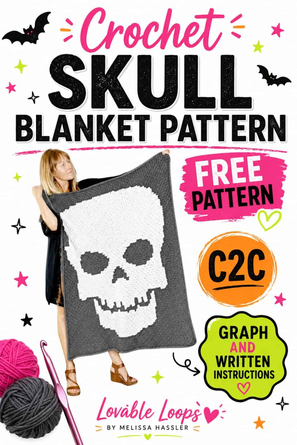 Pinterest pin for a crochet skull blanket pattern showing a woman holding a gray and white C2C skull blanket on a bright white background. The Halloween-style design includes bold pink, orange, black, and green text with callouts for free pattern, C2C, graph and written instructions, plus Lovable Loops by Melissa Hassler branding.