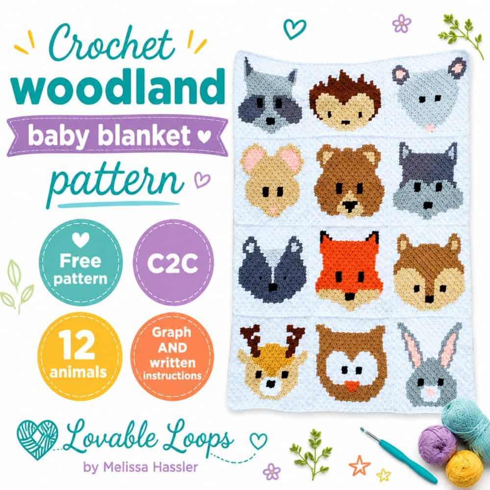 Square graphic for a crochet woodland baby blanket pattern featuring a C2C baby blanket with 12 woodland animal squares on a white background. The design includes colorful callouts for free pattern, C2C, 12 animals, graph and written instructions, yarn, crochet hook, and Lovable Loops by Melissa Hassler branding.