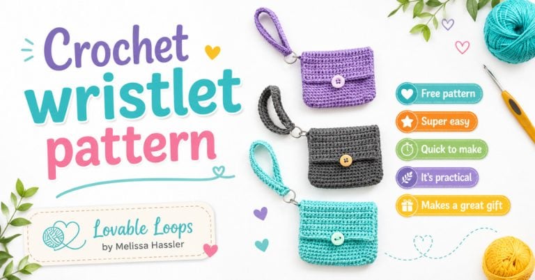 Three crochet wristlet pouches with button flaps and wrist straps styled with keys, a card holder, and lip balm on a light wood surface.