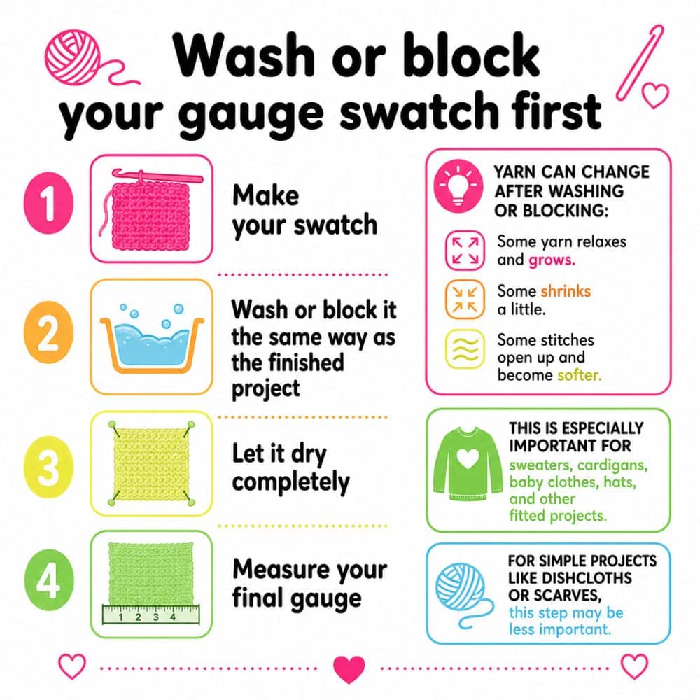 Infographic explaining why you should wash or block a crochet gauge swatch before measuring final gauge, especially for fitted projects.