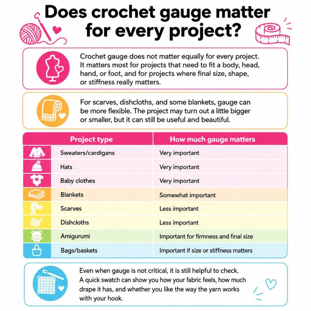 Infographic explaining how much crochet gauge matters for different project types, including sweaters, hats, baby clothes, blankets, scarves, amigurumi, and bags.