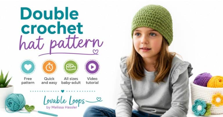 Girl wearing a sage green crochet beanie in a bright neutral room.