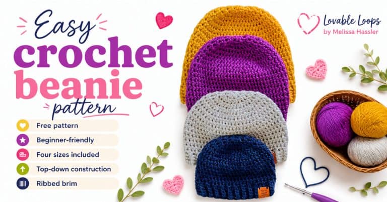 Easy crochet beanie pattern graphic with four handmade hats in different sizes and colors, labeled as a free beginner-friendly pattern.