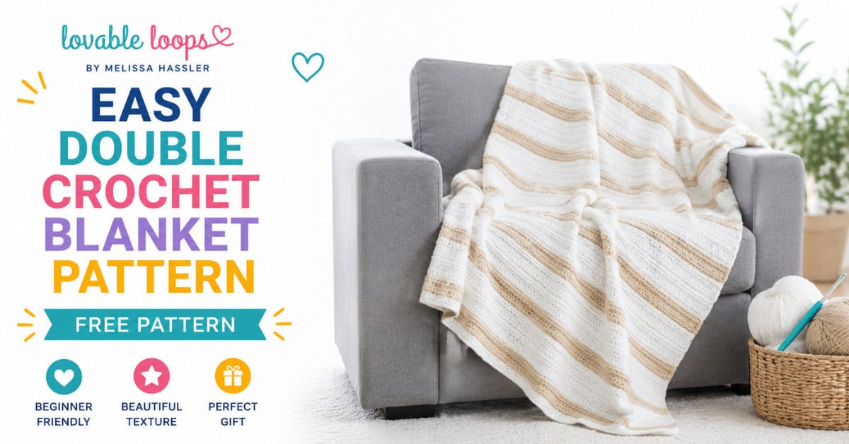 easy double crochet blanket pattern, showing a white and tan striped crochet blanket draped over a gray couch