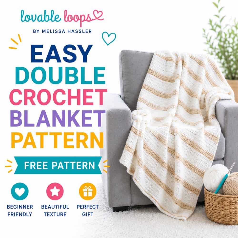 Square graphic for an easy double crochet blanket pattern featuring a soft white and tan striped crochet blanket on a gray couch, with callouts for free pattern, beginner-friendly, beautiful texture, and perfect gift.