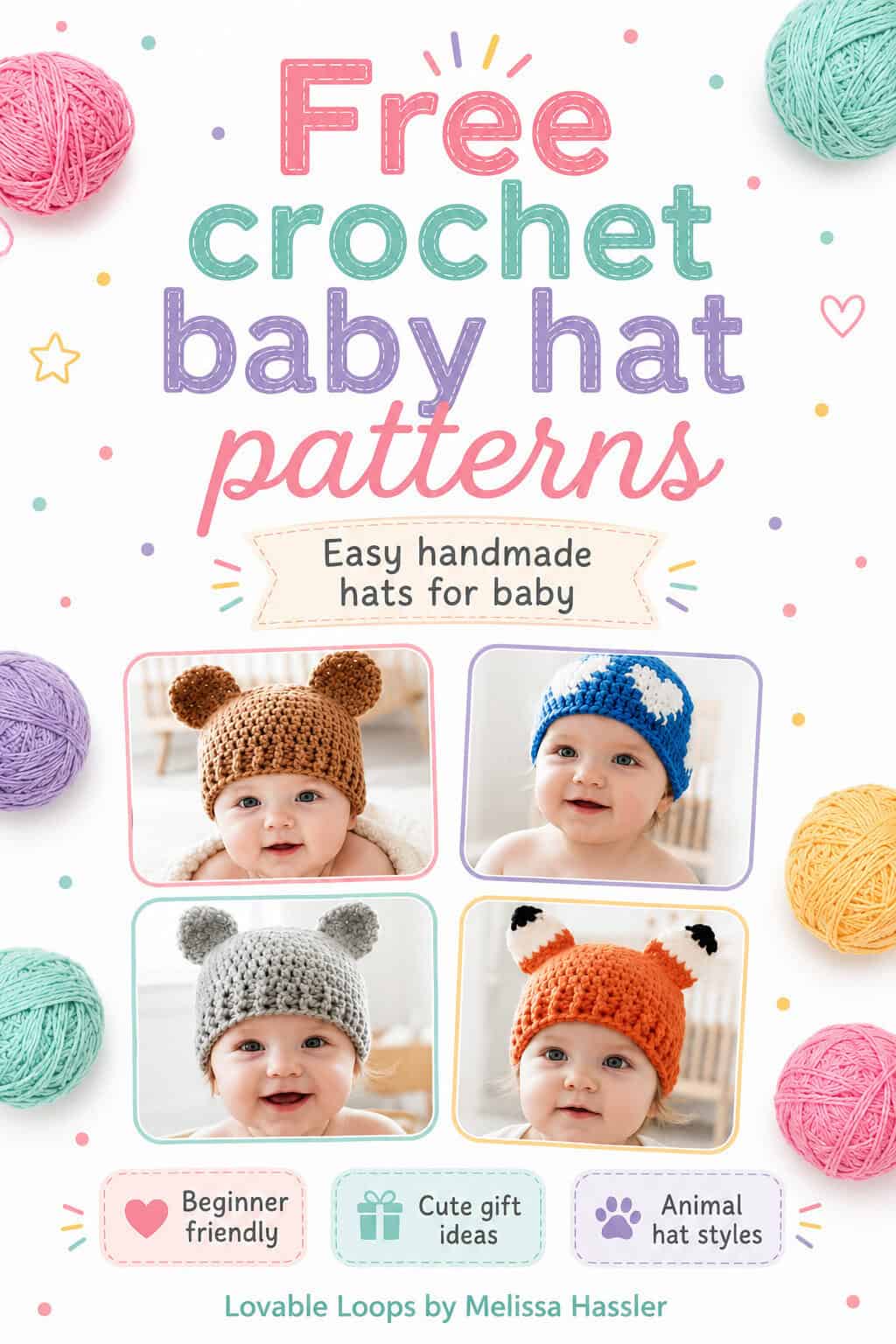 Crochet baby hat patterns Pinterest pin featuring four handmade baby hats, including bear ear hats, a blue heart hat, and an orange fox hat by Lovable Loops by Melissa Hassler.
